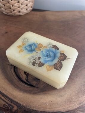 Vintage Alabaster Floral Trinket Box with Blue Rose Motif Rectangle